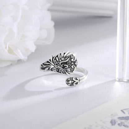 Rising Phoenix Spoon Ring Adjustable 925 Sterling Silver Rise from the Ashes Lotus Jewelry Gifts for Women