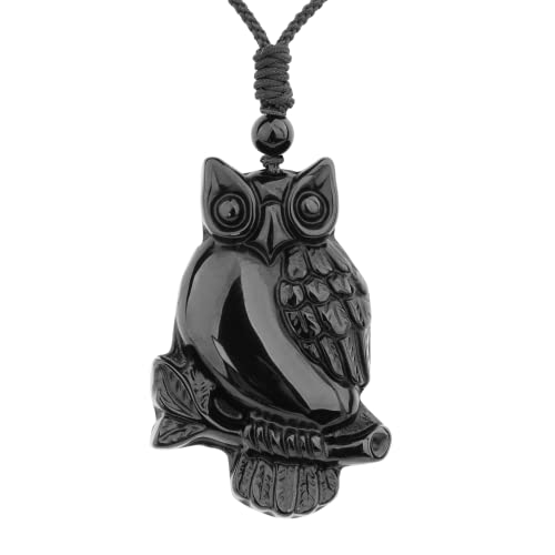 ASGIFT Black Obsidian Necklace Healing Crystal Stone Amulet Protection Pendant with Adjustable Rope Necklace Birthday Christmas Gift for Men Women - color: Owl B