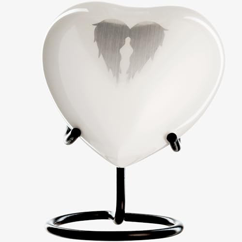 Small Urn for Ashes Women and Men - Mini Heart Urns for Human Ashes Male or Female - White Mini Urns Angel Wings - Cremation Keepsakes Memorial Heart Urn for Mom Mother - color: Angel Wings - White, size: Heart-Shaped with Stand - 1 Count