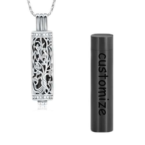 Tree of Life Urn Necklace for Women Men Cylinder Bar Memorial Ash Pendant | Tree of Life Cremation Jewelry,Stainless Steel Keepsakes Necklaces,Vial Ashes Pendant - color: Customize