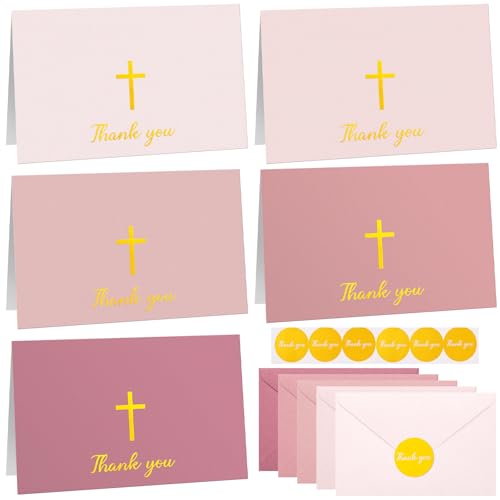 Resurhang 30 Pack Baptism Thank You Cards with Envelope and Stickers 4 x 6 Inch Gold Foil Embossed Cross Blank Inside Cards Bulk for Baptism Funeral Baby Shower Party Supplies(Pink) - color: Pink