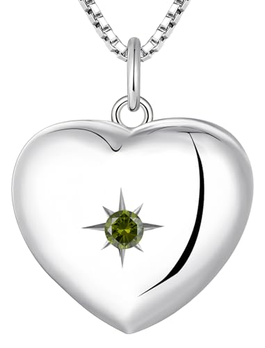 YL Heart Locket Picture Necklace Sterling Silver Personalized Photo Pendant Birthstone Jewelry for Women - color: 08-peridot-Aug