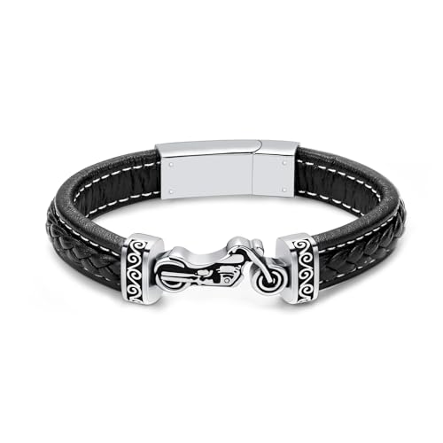XSMZB Motorcycle Cremation Bracelet for Ashes Stainless Steel Urn Ashes Holder Memorial Jewelry Braided Leather Wristband Cuff Bangle Keepsake for Men - color: Silver-20cm
