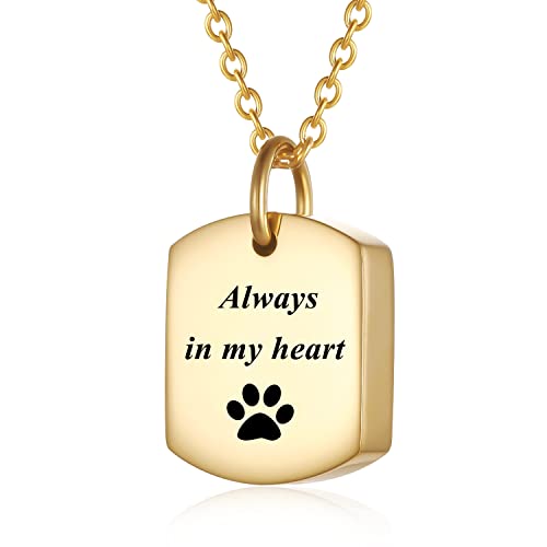 Stainless Steel Square Cremation Dog Tag Urn Necklace for Ashes — Pet Memorial Keepsake Jewelry for Dogs & Cats, Paw Print and Tree of Life Pendant for Women Men, Sympathy Bereavement Gift - color: Gold-2