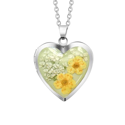 Handmade Heart Shaped Dried Pressed Forget Me Not Flower Photo Locket Pendant Necklace - color: Silver, style: Yellow+LightGreen