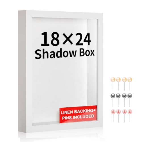18x24 Large Shadow Box Frame with Thickened Acrylic Panel & Pins | With Linen Back, Upgraded 1.7" Deep White Shadow Box Display Case – Display on Tabletop or Wall for Jersey,weddings, Keepsake - color: White + Thickened Panel + Foam Packaging, size: 18x24