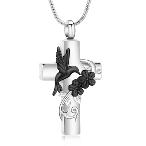 Cross Hummingbird Urn Necklace for Ashes Flower Ashes Pendant Memorial Necklace Cremation Jewelry Ashes Keepsakes Necklace Gift for Loss of Loved Ones Memorial Jewelry - color: Silver-black