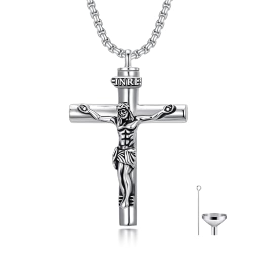 Hourglass/Anatomical Heart/Cross Angel Wing/Celtic Cross/Jesus/Compass Urn Necklace for Ashes for Women Men Cremation Jewelry Keepsake Pendant Memorial Gifts for Loved Ones Ashes - color: Jesus Cross