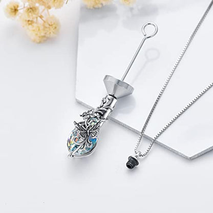 PELOVNY Urn Necklace for Ashes 925 Sterling Silver Butterfly Dragonfly Bee Phoenix Hummingbird Urn Necklaces Animal Crystal Cremation Jewelry for Ashes Cat Dog Pet Memorial Gifts - color: 01-Butterfly Teardrop Urn