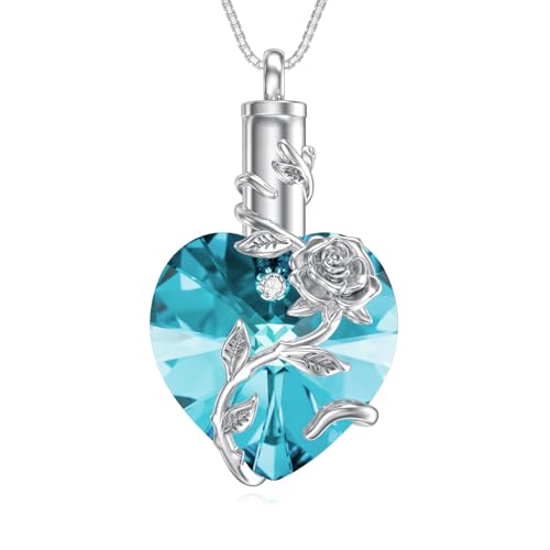 OCJ Heart Rose Flower Urn Necklace for Ashes Women Birthstone Cremation Necklaces Sterling Silver Memorial Cremation Jewelry Gifts - color: 03-March-Aquamarine
