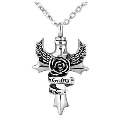Cross Angel Wings Urn Necklace for Ashes in Loving Memory Dad Mom Grandma Grandpa Brother Sister Uncle Aunt Son Cremation Keepsake Memorial Jewelry - style: Brother
