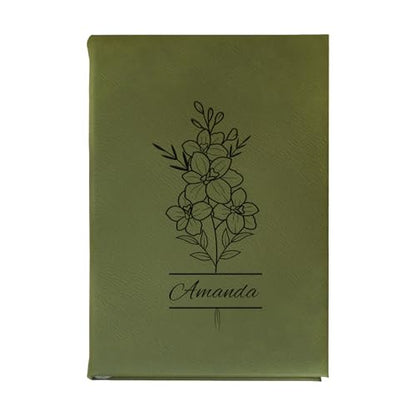 Daphne’s Curations Engraved Birth Flower Journal – Personalized Vegan Leather Notebook with Name – 112 Page Minimal Gift - color: Birth Flower Engraved