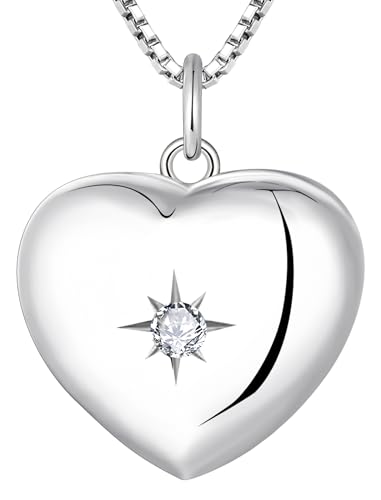 YL Heart Locket Picture Necklace Sterling Silver Personalized Photo Pendant Birthstone Jewelry for Women - color: 04-diamond-Apr