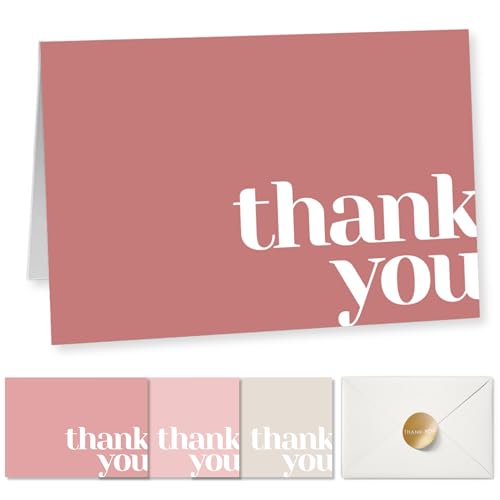 Paper Play Thank You Cards Bulk Pack of 40 Pink, 5x3.5 Inches with Matching Stickers & Envelopes, Minimalistic Design Suitable for Business, Baby Shower, Wedding, Small Business, Graduation, Funeral | 5 x 3.5 Inches with Matching Stickers & Envelopes, For