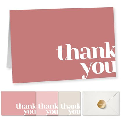 Paper Play Thank You Cards Bulk Pack of 40 Pink, 5x3.5 Inches with Matching Stickers & Envelopes, Minimalistic Design Suitable for Business, Baby Shower, Wedding, Small Business, Graduation, Funeral | 5 x 3.5 Inches with Matching Stickers & Envelopes, For