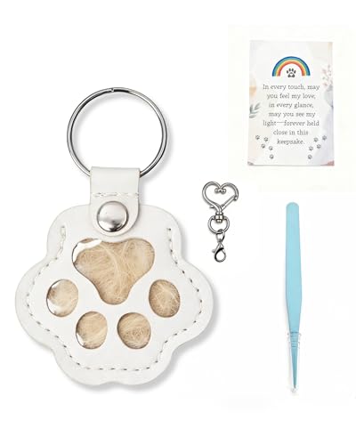 Cat & Dog Hair Keychain, Leather Dog Paw Hair Holder Fur Collection Key Chain Keepsake Pet Loss Memorial Gift - color: White