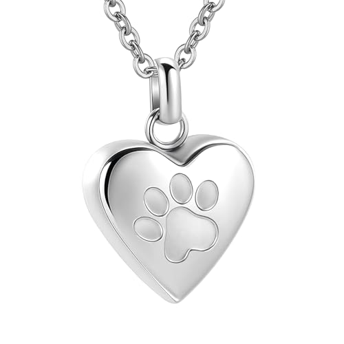 Pet Heart Cremation Jewelry For Ashes For Dog/Cat Paw Stainless Steel Memorial Locket Urn Necklace Paw Print Pet Heart Urn Necklace Memorial Keepsake Jewelry Ashes - color: Silver