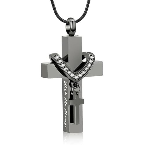 shajwo Cross Urn Necklace for Ashes Birthstone Rose Flower Cremation Jewelry for Women Gilrs Keepsake Memorial Ashes Pendant - color: B-Black