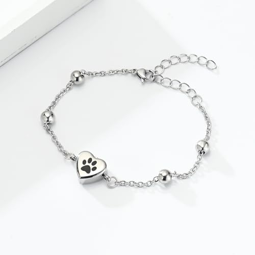 zeqingjw Pet Paw Urn Bracelet for Ashes Adjustable Heart Cremation Bracelet for Pets Ashes Stainless Steel Dog Cat Cremation Jewelry Memorial Keepsake Gift - color: 1-Silver