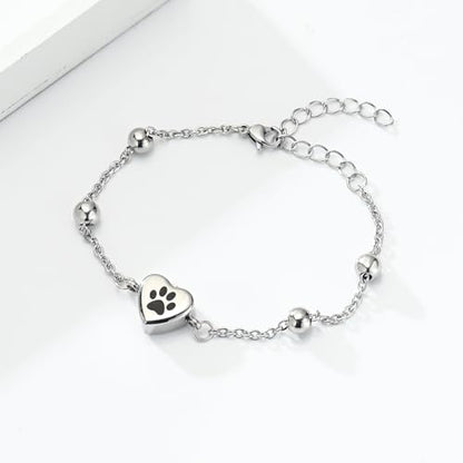 zeqingjw Pet Paw Urn Bracelet for Ashes Adjustable Heart Cremation Bracelet for Pets Ashes Stainless Steel Dog Cat Cremation Jewelry Memorial Keepsake Gift - color: 1-Silver