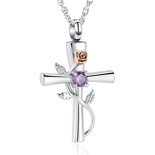 shajwo Cross Urn Necklace for Ashes Birthstone Rose Flower Cremation Jewelry for Women Gilrs Keepsake Memorial Ashes Pendant - color: Purple