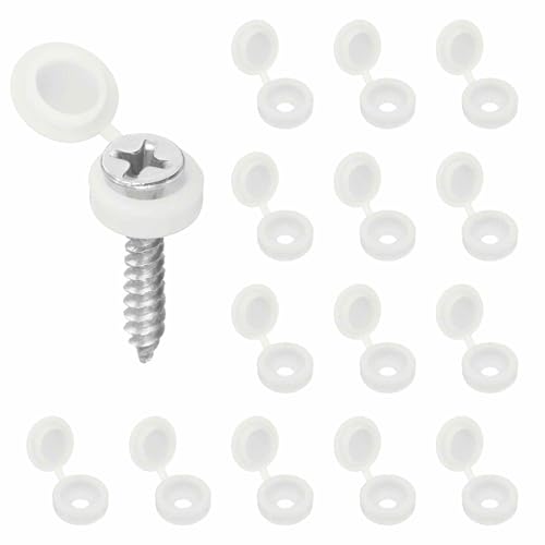 HARFINGTON 200pcs Plastic Hinged Screw Cover Caps 3.1mm / 0.12" Shutter Screw Caps Fold Snap Washer Covers for Windows Outside Railings Furniture, White - color: White, size: 0.12"
