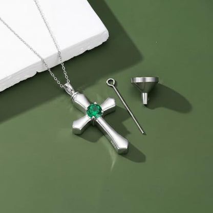 YYB Urn Necklace for Ashes Women Heart Birthstone Cross Cremation Jewelry | Memorial Keepsake Funeral Jewelry for Loved Ones (with Funnel Filler) - color: 05--Emerald May