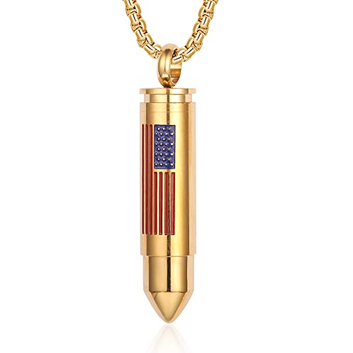 Bullet Urn Necklace for Ashes Stainless Steel Box Chain 24 inch American Flag Pendant Cremation Memorial Jewelry for Men - color: Flag Gold