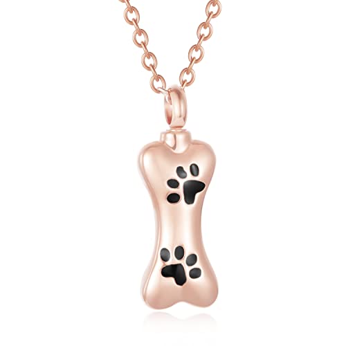 Custom Dog Bone Memorial Pendant Necklace with Paw Print, Stainless Steel Personalized Pet Cremation Jewelry Puppy Animal Urn Pendant Best Friends Friendship Pet Keepsake Gifts Dog Urn Necklace for Ashes for Dog Lovers - color: Rose Gold