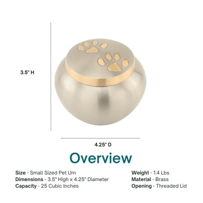Paw Print Round Pet Cremation Urn for Ashes in Pewter Small, Brass, Small Sized, 3.5 Inches High - color: Pewter Silver, size: Small Pet Urn