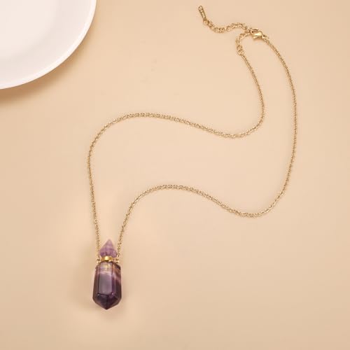 Gold Stainless Steel Urn Necklace For Ashes Of Loved Ones Natural Crystal Gemstones Cremation Keepsake Jewelry Hexagonal Prism Memorial Pendant For Women Mom - color: Purple