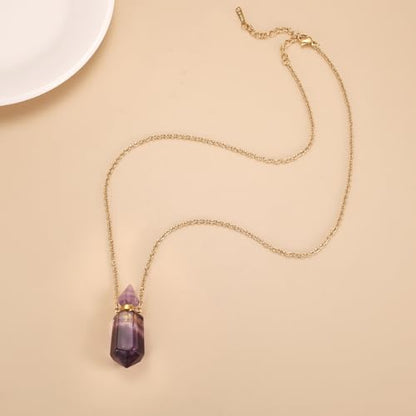 Gold Stainless Steel Urn Necklace For Ashes Of Loved Ones Natural Crystal Gemstones Cremation Keepsake Jewelry Hexagonal Prism Memorial Pendant For Women Mom - color: Purple