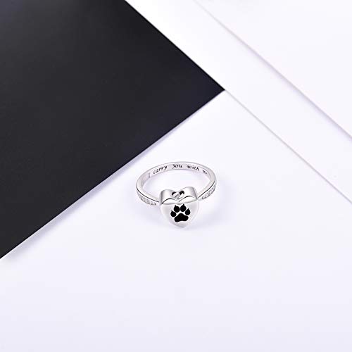 Fookduoduo 925 Sterling Silver Paw Print Urn for Ashes I Carry You with me Cremation Jewelry Dog Cat Claw Urn Finger Ring for Pet Lovers - color: black