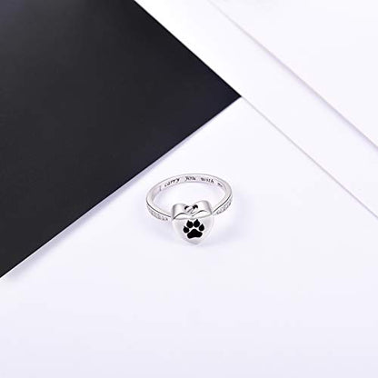 Fookduoduo 925 Sterling Silver Paw Print Urn for Ashes I Carry You with me Cremation Jewelry Dog Cat Claw Urn Finger Ring for Pet Lovers - color: black