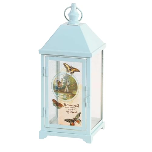Magnolia Garden 14 Inch Sky Spring Blue Metal Traditional Lantern – LED Candle Bereavement Home Decor – Butterfly Theme – “Forever Held, Never Forgotten - Always in My Heart” - size: 5.25 x 5.25 x 14, style: Forever Held Never Forgotten