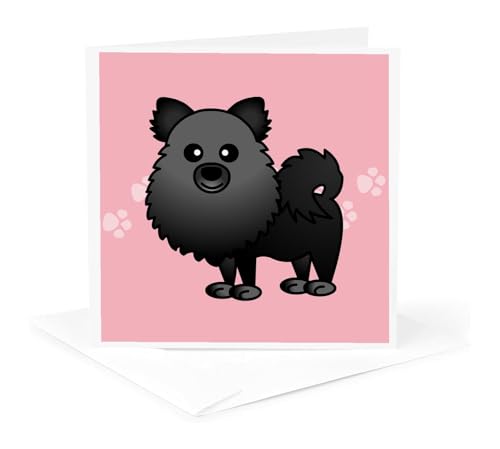 3dRose Cute Black Pomeranian Pink with Paw Prints 1 Greeting Card with envelope