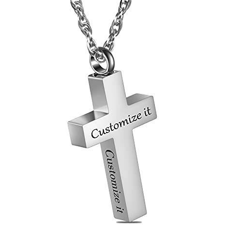 Cremation Cross Necklace for Ashes Cross Urns Locket Pendant Ashes Holder Stainless Steel Memorial Jewelry-With Me Always - color: Silver-Customized