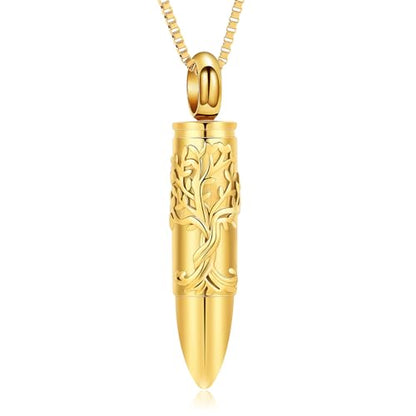 XSMZB Bullet Cremation Ashes Jewelry Tree of Life Keepsake Urn Necklace for Ashes Stainless Steel Memorial Pendant for Women Men - color: Gold