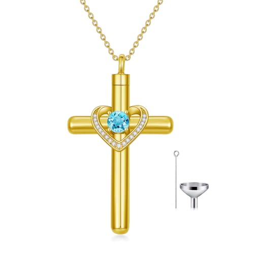 AOBOCO Cross Necklace for Ashes, Sterling Silver Birthstone Cross Urn Necklaces for Ashes Embellished with Crystals from Austria Keepsake Cremation Jewelry for Pet Human Ashes - color: 03-aquamarine-Mar-18k Gold-Plated