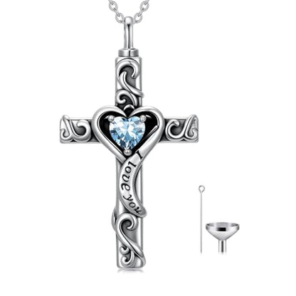 TOUPOP Cross Urn Necklaces for Ashes Birthstone Cremation Jewelry 925 Sterling Silver Cross Memorial Keepsake Jewelry for Women (with Funnel Filler) - color: 03-March-Aquamarine