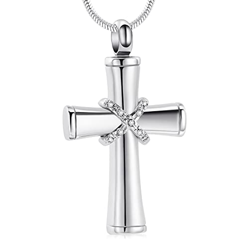 Minicremation Rope Winding Cross Cremation Ashes Urn Pendant Necklace Memorial Keepsake Jewelry Lord’s Prayer Cross Ashes Necklaces - color: Silver with Crystal