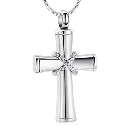Minicremation Rope Winding Cross Cremation Ashes Urn Pendant Necklace Memorial Keepsake Jewelry Lord’s Prayer Cross Ashes Necklaces - color: Silver with Crystal