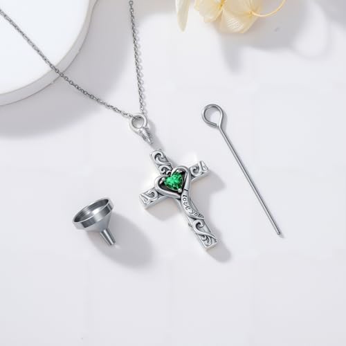 TOUPOP Cross Urn Necklaces for Ashes Birthstone Cremation Jewelry 925 Sterling Silver Cross Memorial Keepsake Jewelry for Women (with Funnel Filler) - color: 05-May-Emerald
