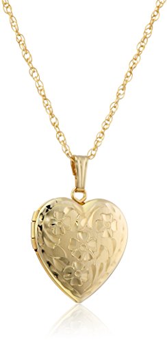 Amazon Essentials 14k Engraved Flowers Heart Locket Necklace, 18" - color: Yellow Gold