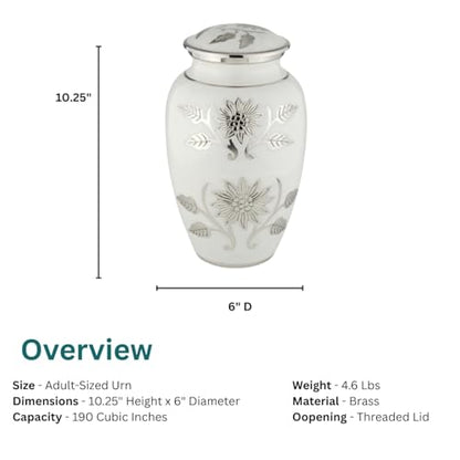 Grace White Cremation Urn for Ashes, Brass, White and Silver Urn, Adult Sized Cremation Urn, 10.25 Inches High - color: White
