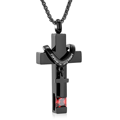 Oinsi Black Cross Urn Necklace For Ashes Of Loved Ones With Birthstone Always In My Heart Cremation Jewelry Keepsake Pendant Women Men - color: Red Stone