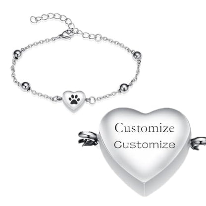 Heart Urn Bracelet for Pet Ashes - Paw Print Cremation Bangle Jewelry for Women - color: Customize