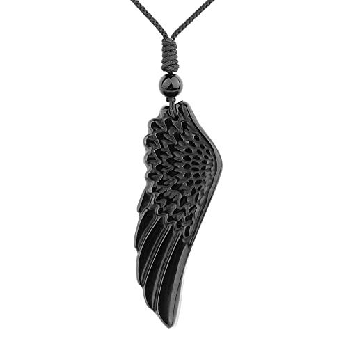 ASGIFT Black Obsidian Necklace Healing Crystal Stone Amulet Protection Pendant with Adjustable Rope Necklace Birthday Christmas Gift for Men Women - color: Wing