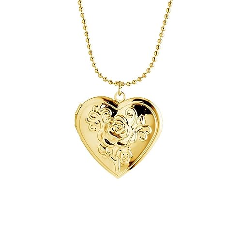 Vintage Engraved Flower Locket Picture Pendant Necklace Antique Carved Pattern Oval Heart Pendant Necklace For Women Hold Picture Souvenir Memorial Jewelry - color: Rose Flower Gold