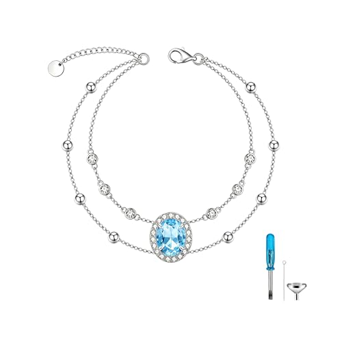 Cremation Urn Bracelets 925 Sterling Silver Double Layered Cremation Ash Bracelet for Ashes with 12 Months Birthstone Urn Jewelry for Women Loved One Animals,Chain Length 7"+2" Extend - color: 03-March